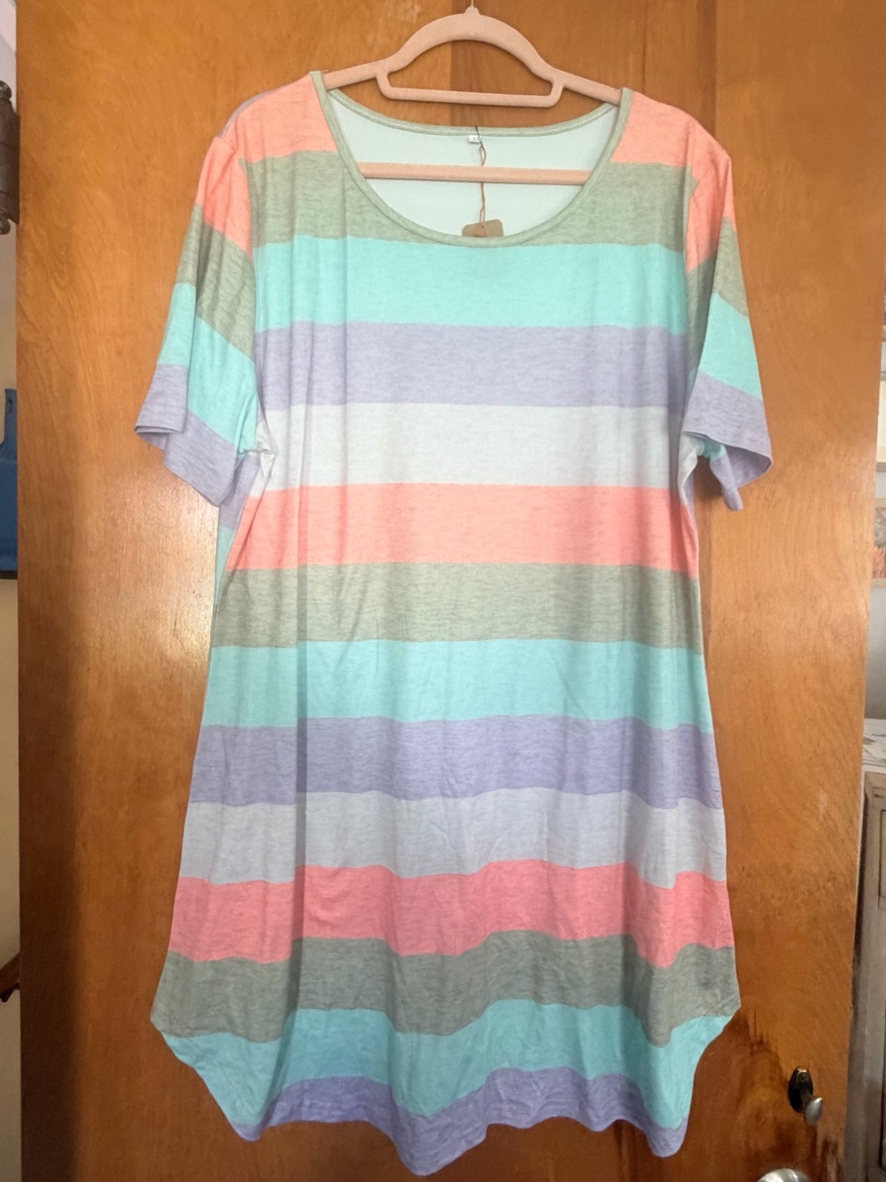 Striped Short-Sleeve Swing Top in Pastel Multi